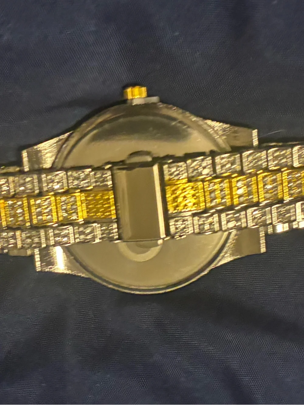 Gold-Tone Iced Out Watch with Green Dial and Crystal Accents